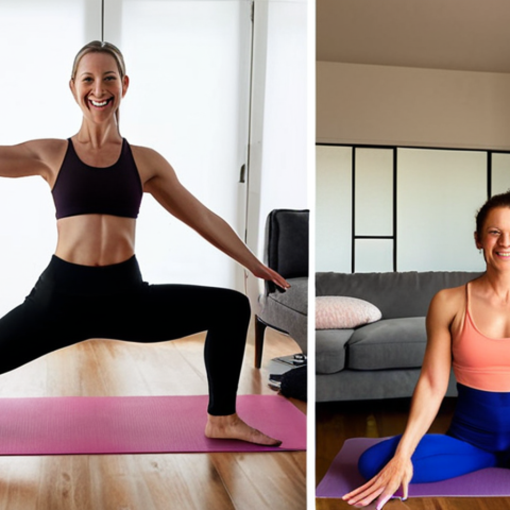 **

A split-screen image. On one side, a dimly lit, closed yoga studio with dust motes in the air, yoga mats rolled up and stacked in a corner. The other side shows a brightly lit living room, transformed into a home yoga studio. Yoga instructor is teaching a class online via a laptop. The instructor is smiling and energetic. Soft, natural light.

**