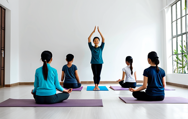 요가강사 커뮤니티 활동 - Yoga Knowledge Sharing**

A group of Yoga teachers in a bright, modern studio, fully clothed in comf...