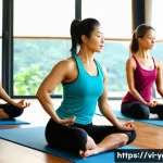 요가강사 필수 중점 과목 - A serene yoga studio in Vietnam with natural light filtering through bamboo blinds, showcasing a div...