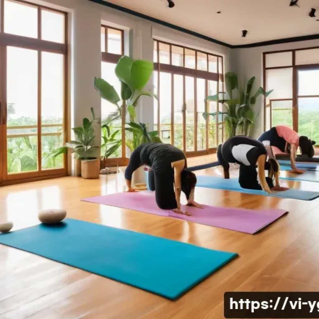 요가강사로서 고객 충성도 높이기 - A warm, inviting yoga studio scene in Vietnam with diverse adult students practicing various yoga po...