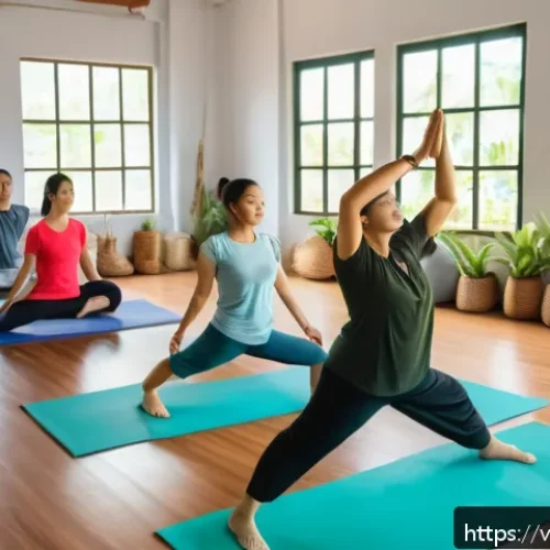 요가강사 자격증 합격 후기 - A peaceful Vietnamese yoga training center interior with a diverse group of adult students practicin...