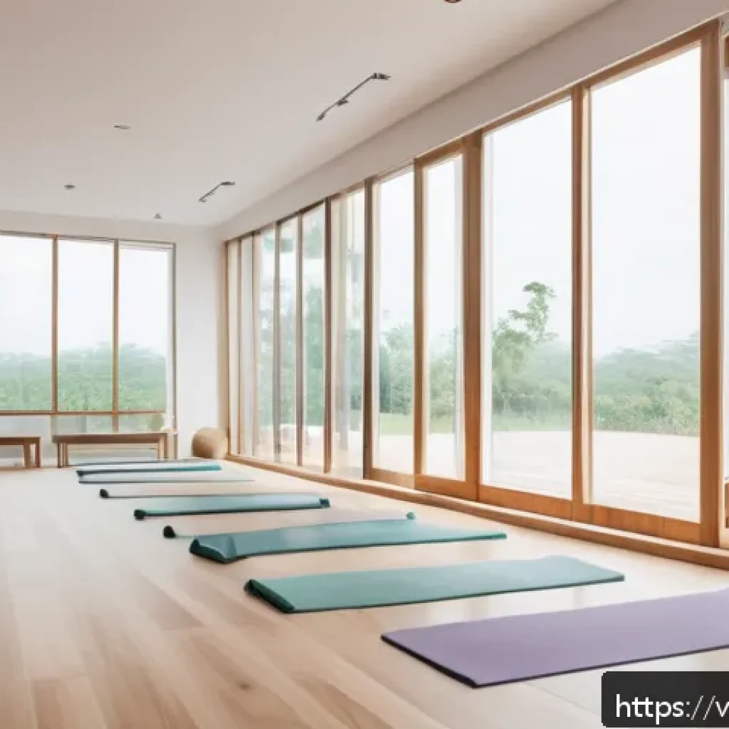 요가강사 스튜디오 운영 팁 - A modern yoga studio interior bathed in soft natural light streaming through large windows, featurin...