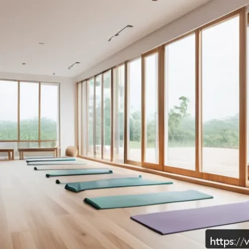 요가강사 스튜디오 운영 팁 - A modern yoga studio interior bathed in soft natural light streaming through large windows, featurin...