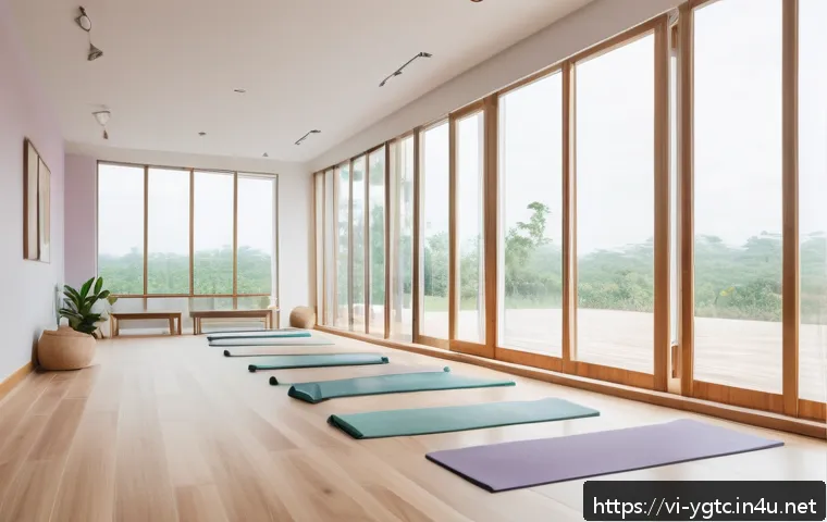 요가강사 스튜디오 운영 팁 - A modern yoga studio interior bathed in soft natural light streaming through large windows, featurin...
