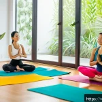 요가강사로서의 전문성 키우기 - A diverse group of adult yoga students practicing Vinyasa yoga in a bright, modern studio decorated ...