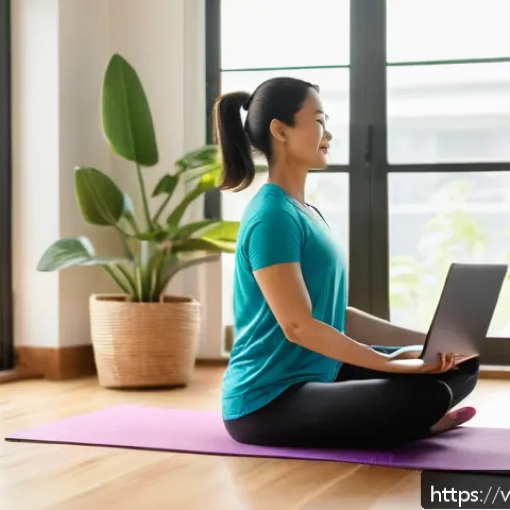 요가강사와 온라인 강의 - A Vietnamese female yoga instructor in modest, stylish activewear, gently leading an online yoga cla...