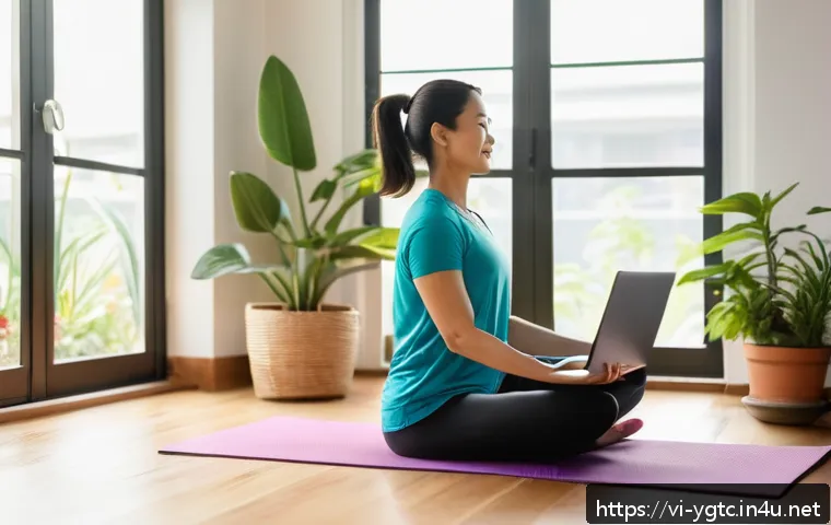 요가강사와 온라인 강의 - A Vietnamese female yoga instructor in modest, stylish activewear, gently leading an online yoga cla...