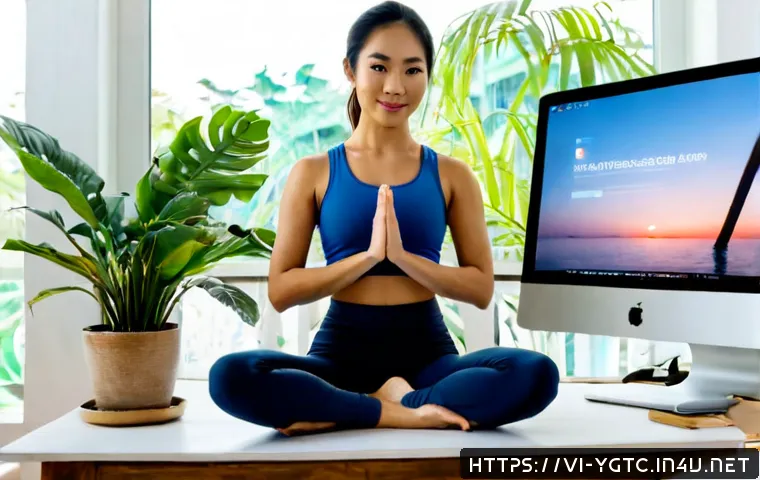 Home 17 요가강사 디지털 마케팅 전략 - Photorealistic Vietnamese yoga instructor in modest fitted activewear, seated at a bright home studi...